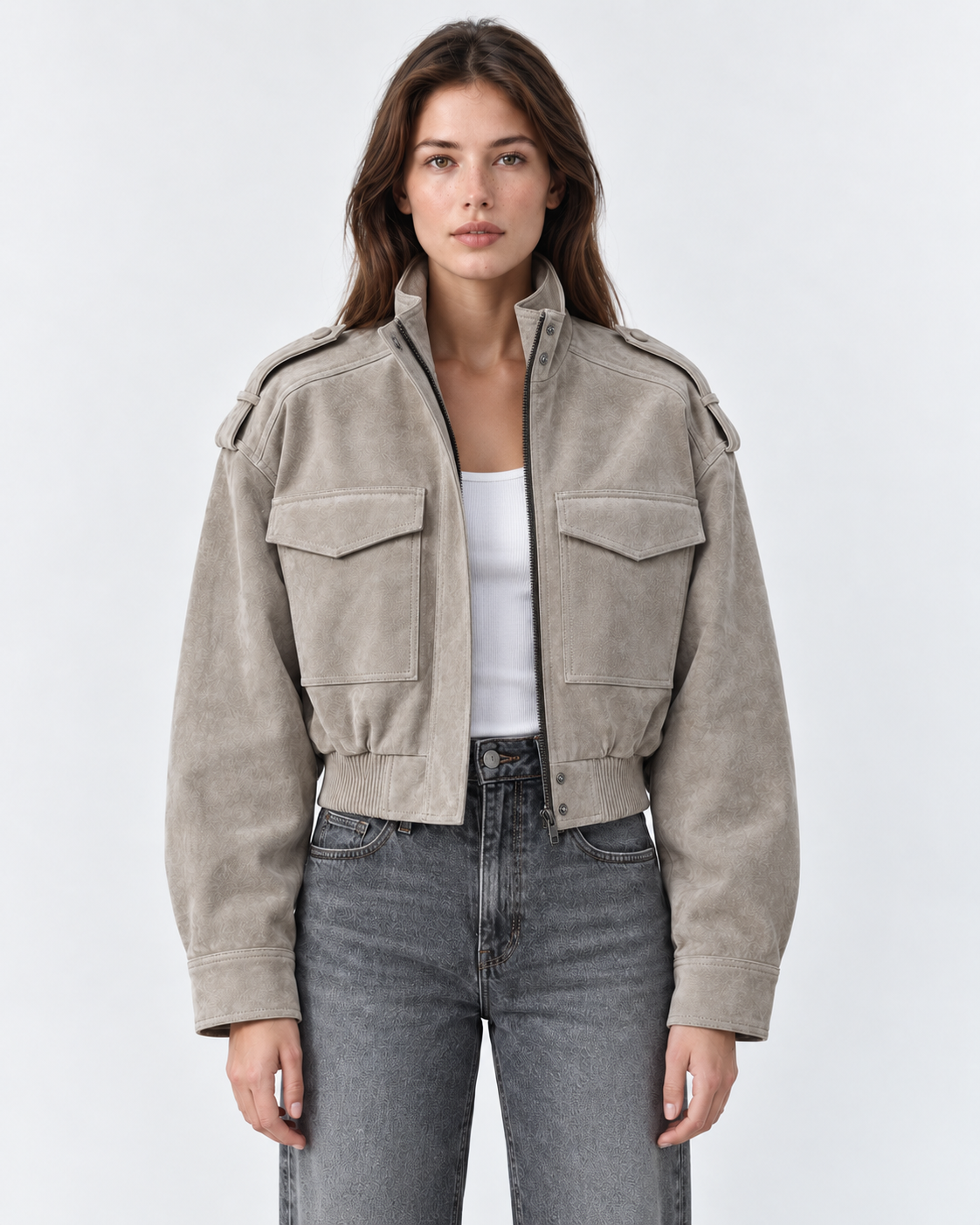 Wildleder Cropped Bomberjacke in Grau
