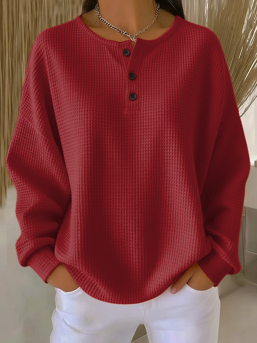 Unifarbener Waffelstrick-Pullover mit Knöpfen