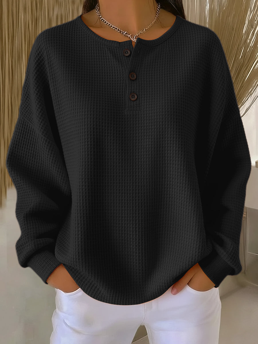 Unifarbener Waffelstrick-Pullover mit Knöpfen