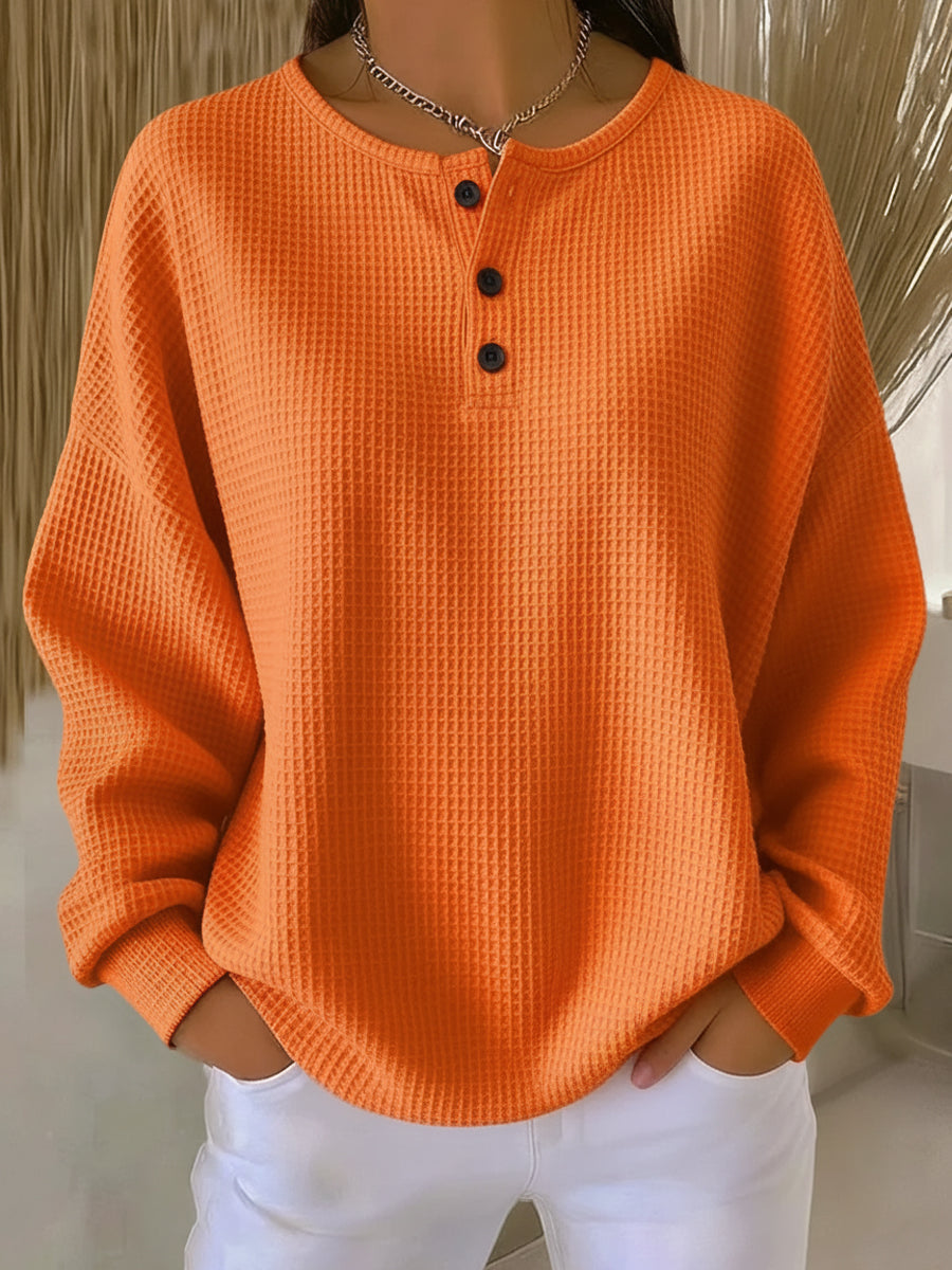 Unifarbener Waffelstrick-Pullover mit Knöpfen