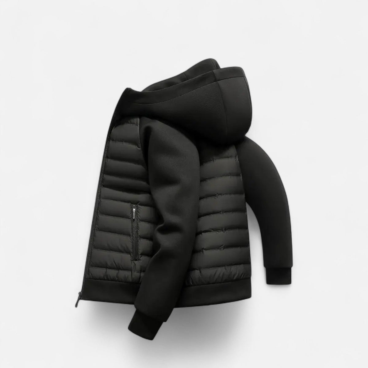 Herren Hybrid Steppjacke mit Kapuze und Sweatärmeln – sportliche Übergangsjacke
