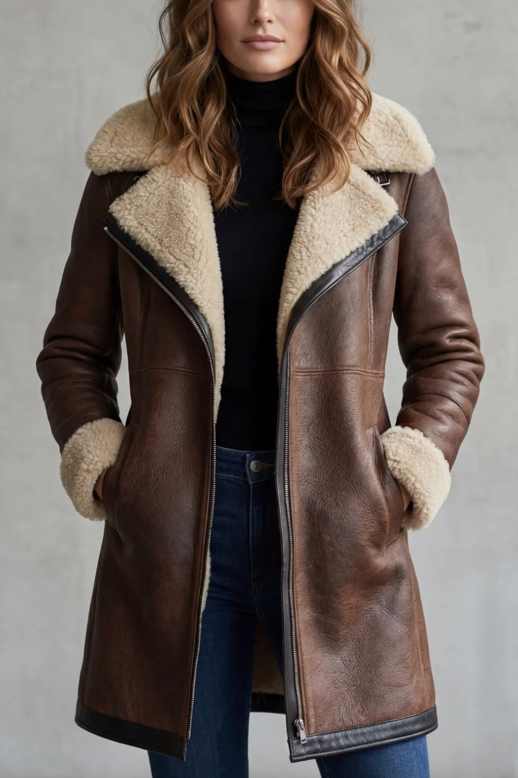 Eleganter Damen-Ledermantel mit Lammfellfutter