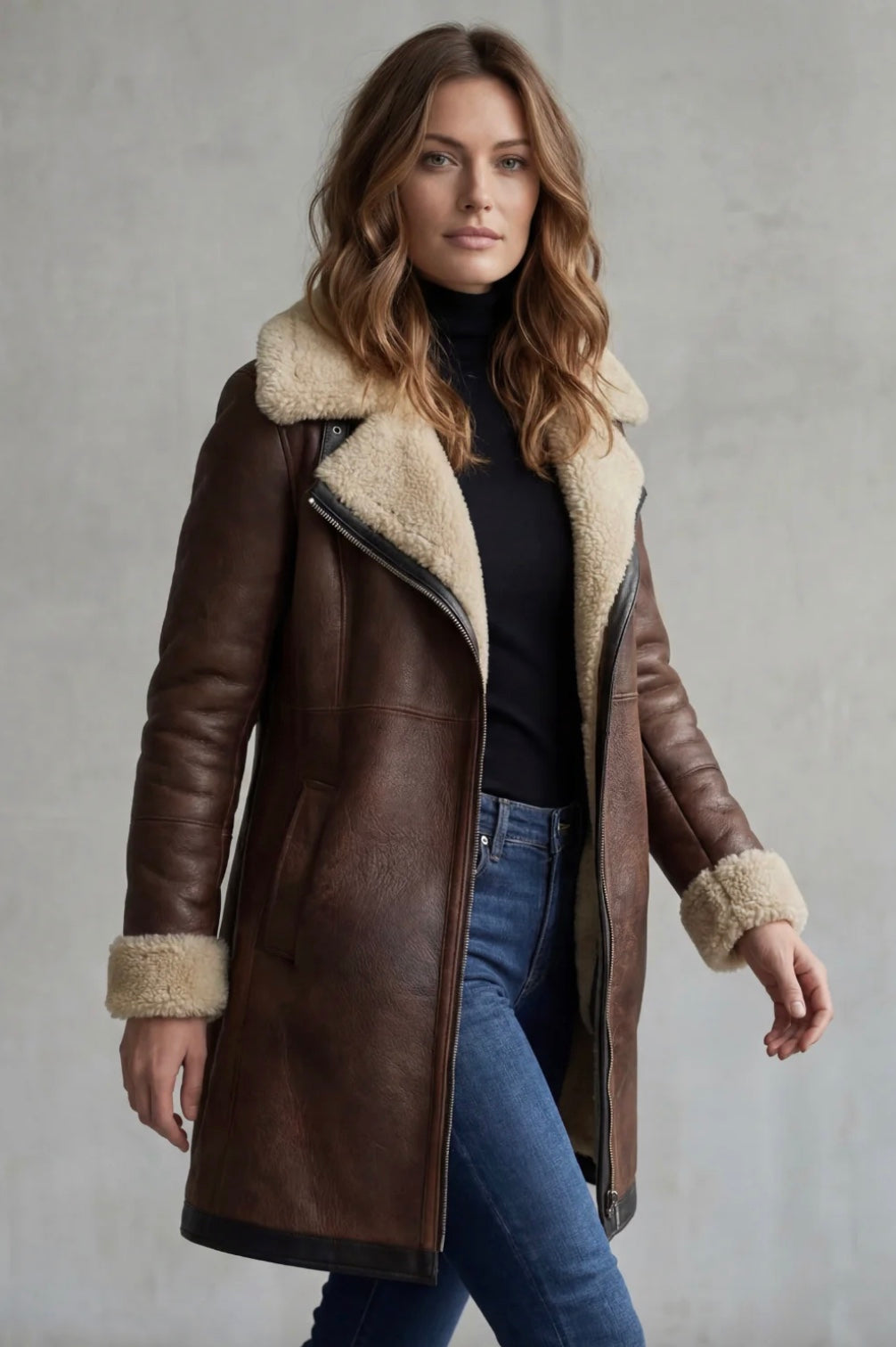 Eleganter Damen-Ledermantel mit Lammfellfutter