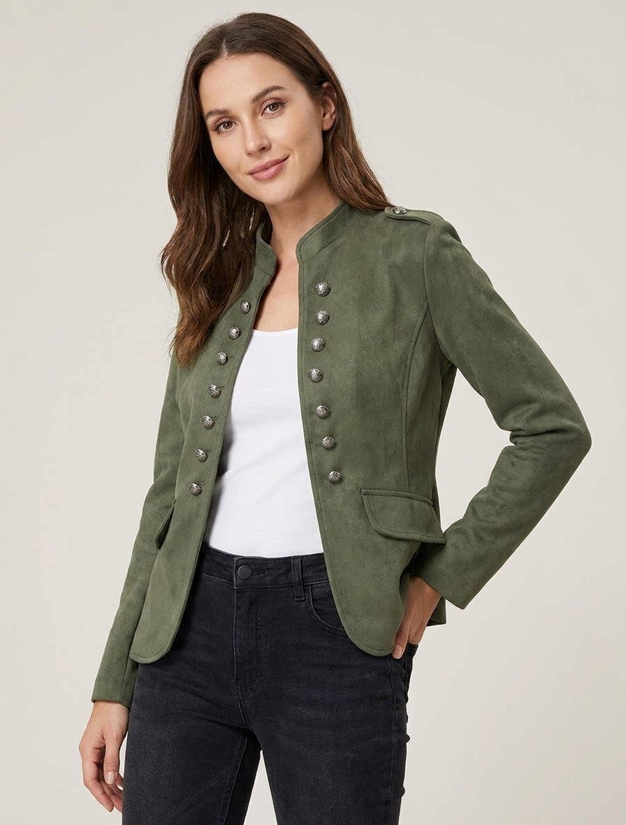 Jacke aus Velourslederimitat mit Offiziers-Stehkragen