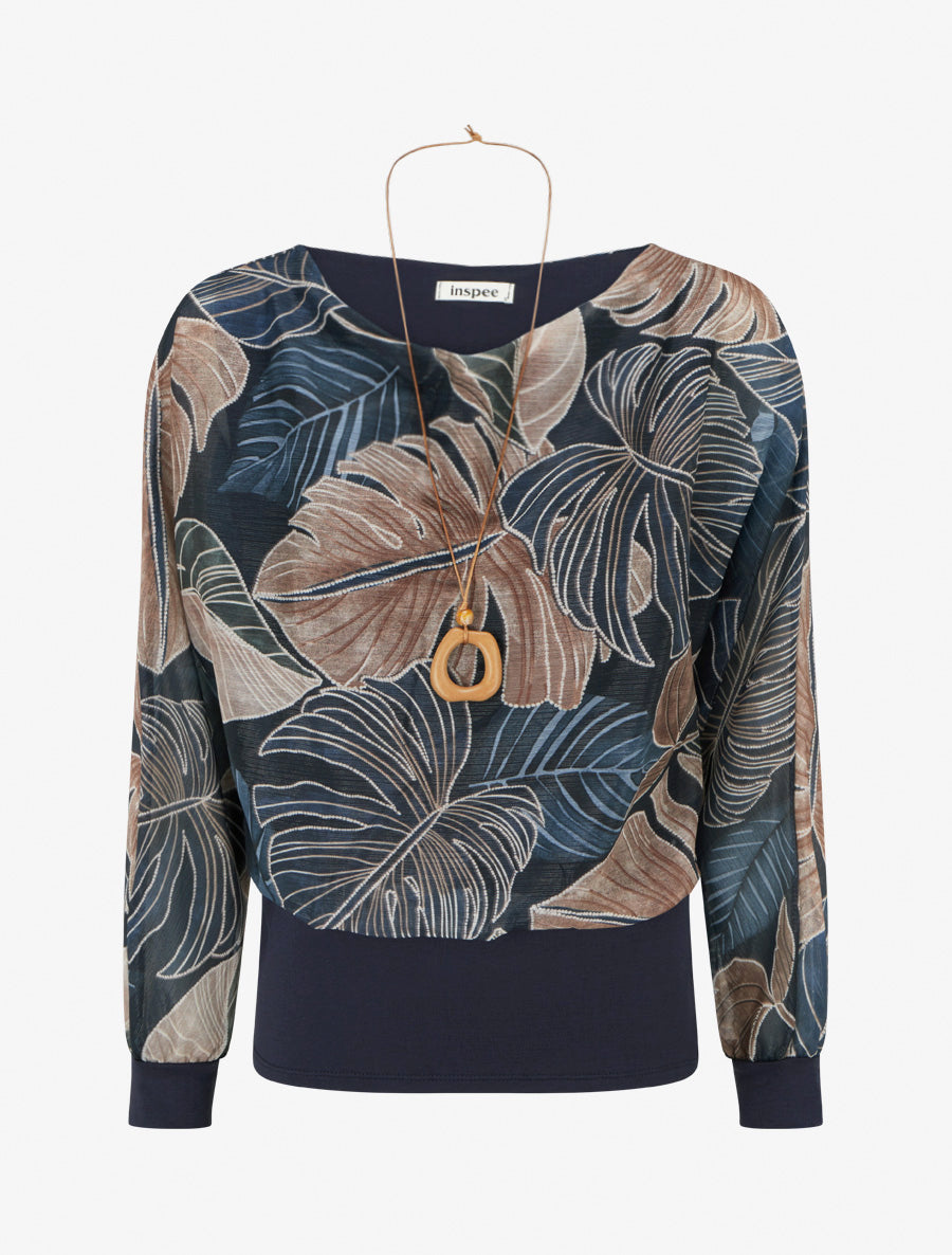 Transparentes Top mit Ballonschnitt und tropischem Print - Marine