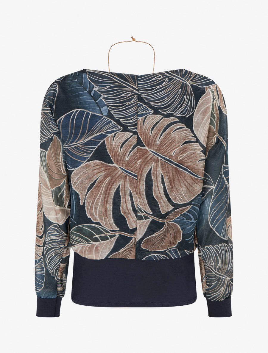 Transparentes Top mit Ballonschnitt und tropischem Print - Marine
