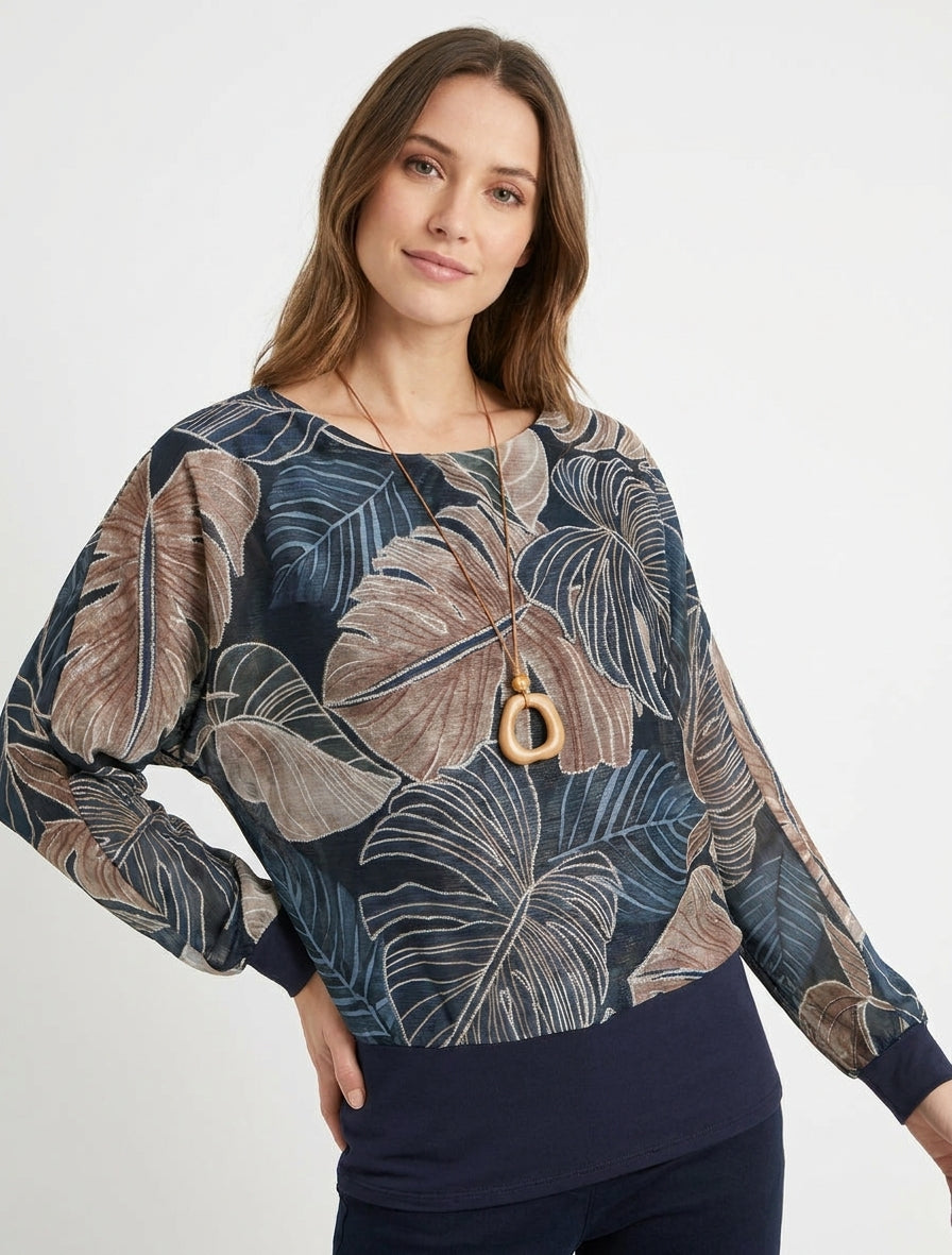 Transparentes Top mit Ballonschnitt und tropischem Print - Marine