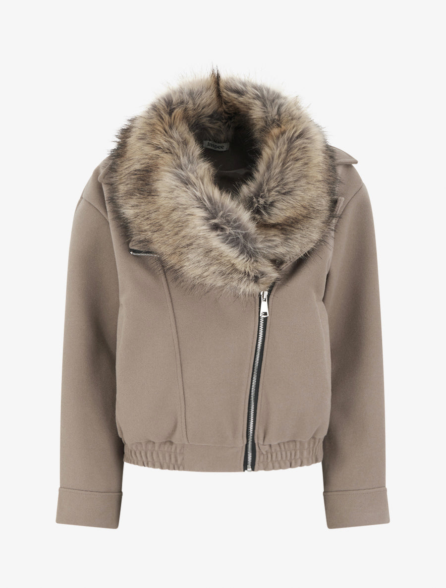Gerade geschnittene Perfecto-Jacke mit abnehmbarem Kunstfell - Taupe