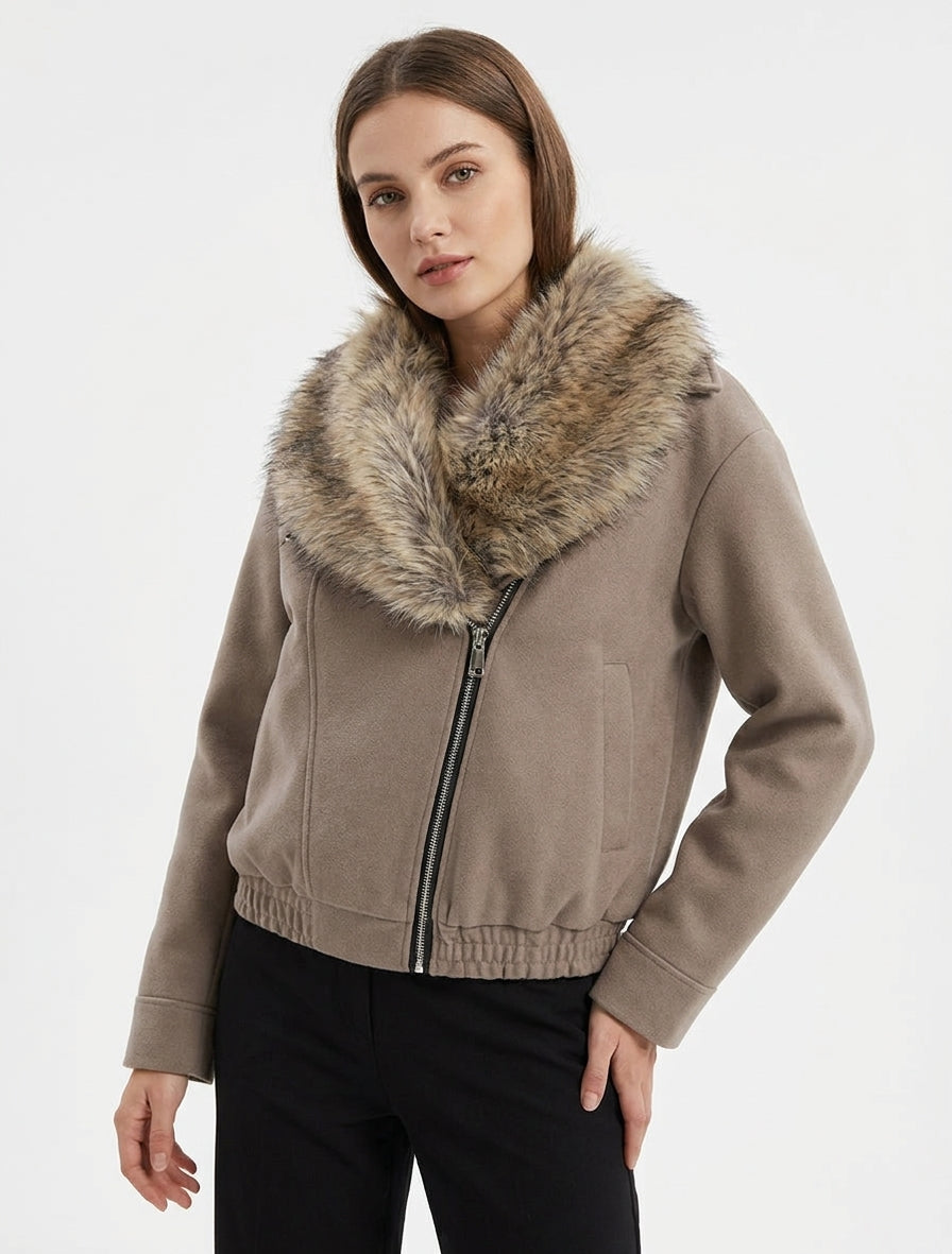 Gerade geschnittene Perfecto-Jacke mit abnehmbarem Kunstfell - Taupe