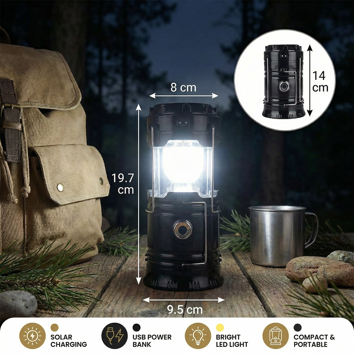 Wiederaufladbare Solar-Laterne mit USB – Tragbares LED-Licht für Outdoor und Notfälle