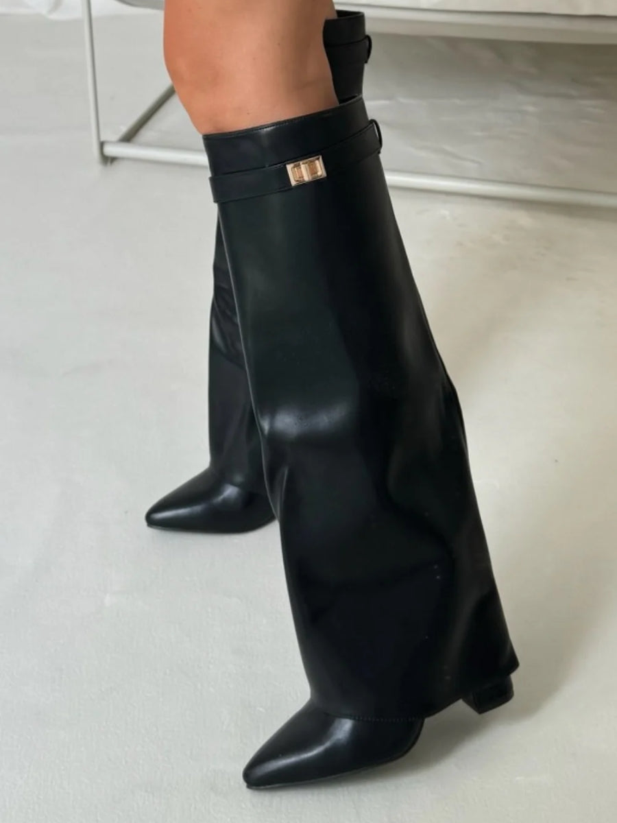 Kniehohe Stiefel – Damenstiefel aus Wildlederimitat mit spitzer Zehenpartie und Absatz