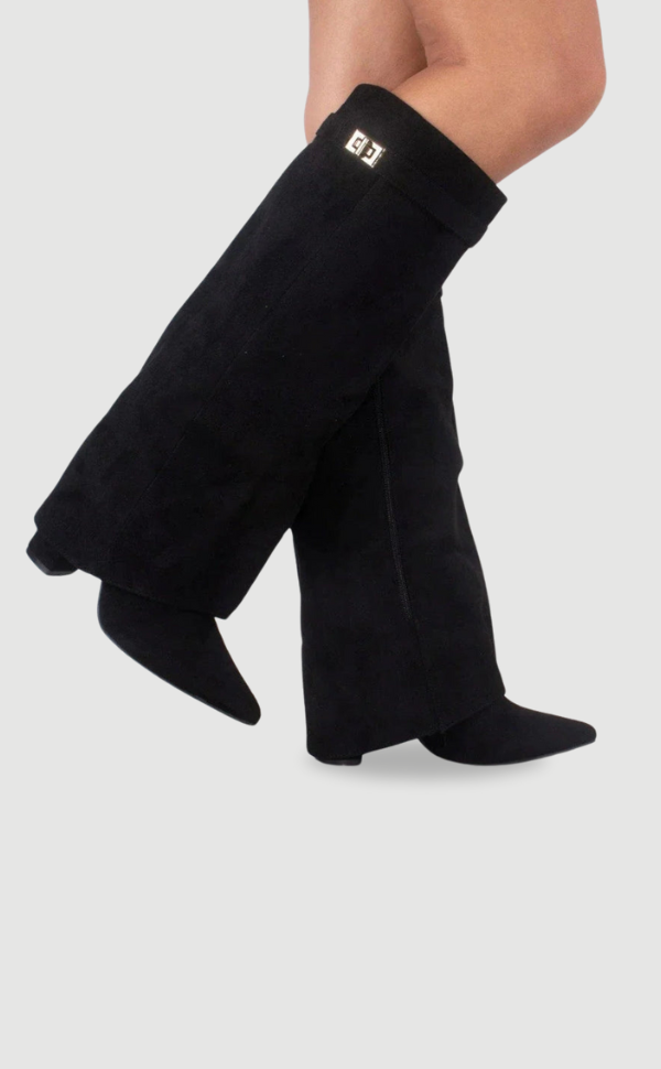 Kniehohe Stiefel – Damenstiefel aus Wildlederimitat mit spitzer Zehenpartie und Absatz