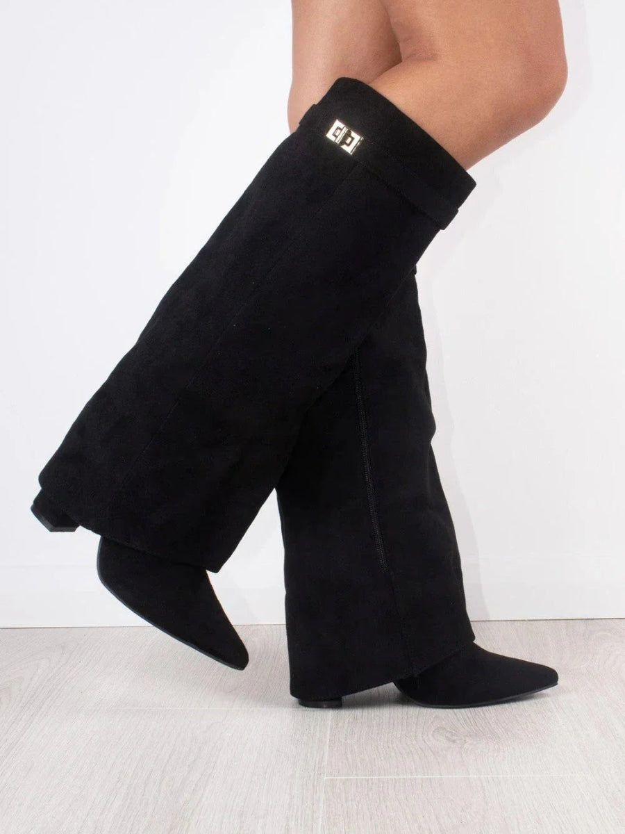 Kniehohe Stiefel – Damenstiefel aus Wildlederimitat mit spitzer Zehenpartie und Absatz
