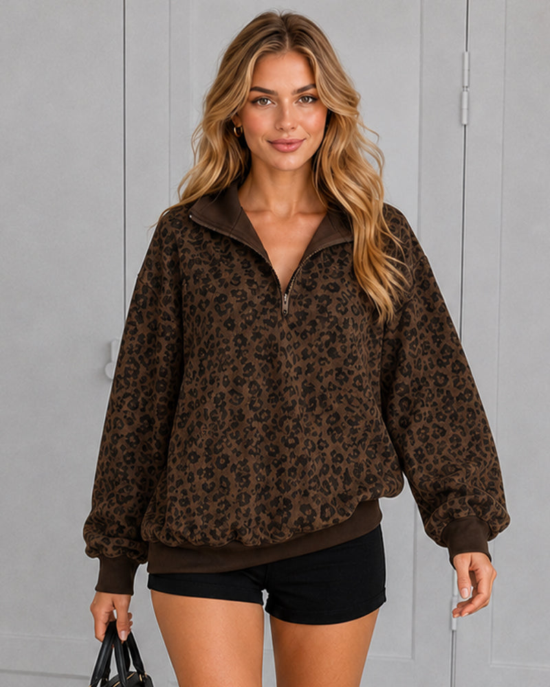 Leoparden-Print Oversized Pullover mit halbem Reißverschluss