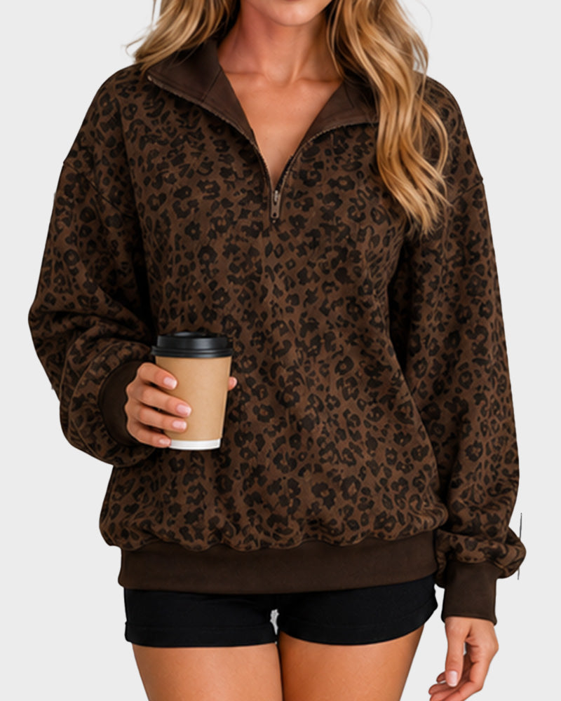 Leoparden-Print Oversized Pullover mit halbem Reißverschluss