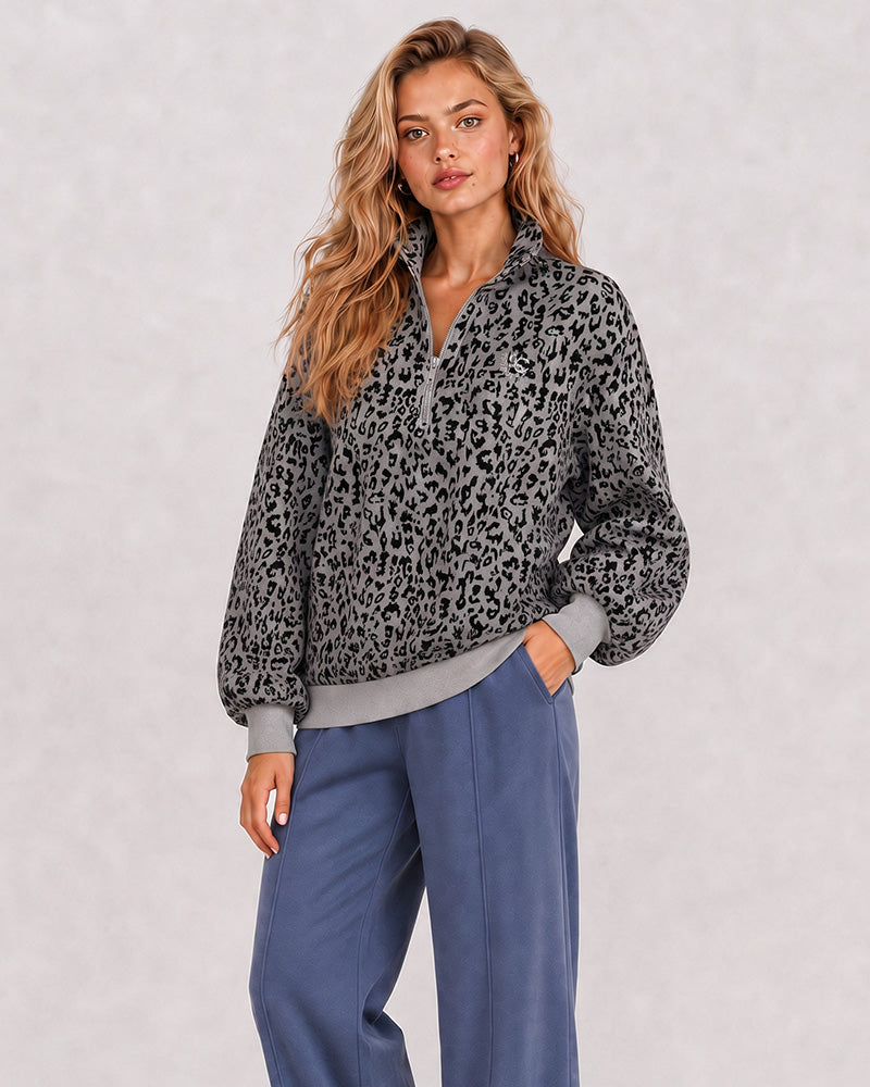 Leoparden-Print Oversized Pullover mit halbem Reißverschluss