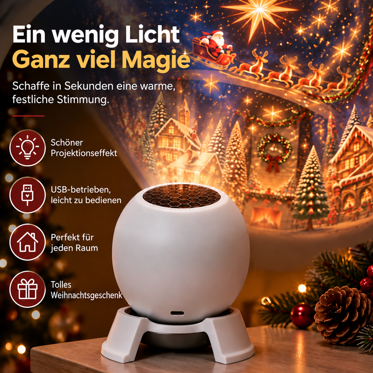 Lumavia | Weihnachts-Projektor Nachtlicht für den Familienabend, 360° verstellbares HD-Lichtmuster für Wohnzimmer-Decken & Weihnachtsgeschenk