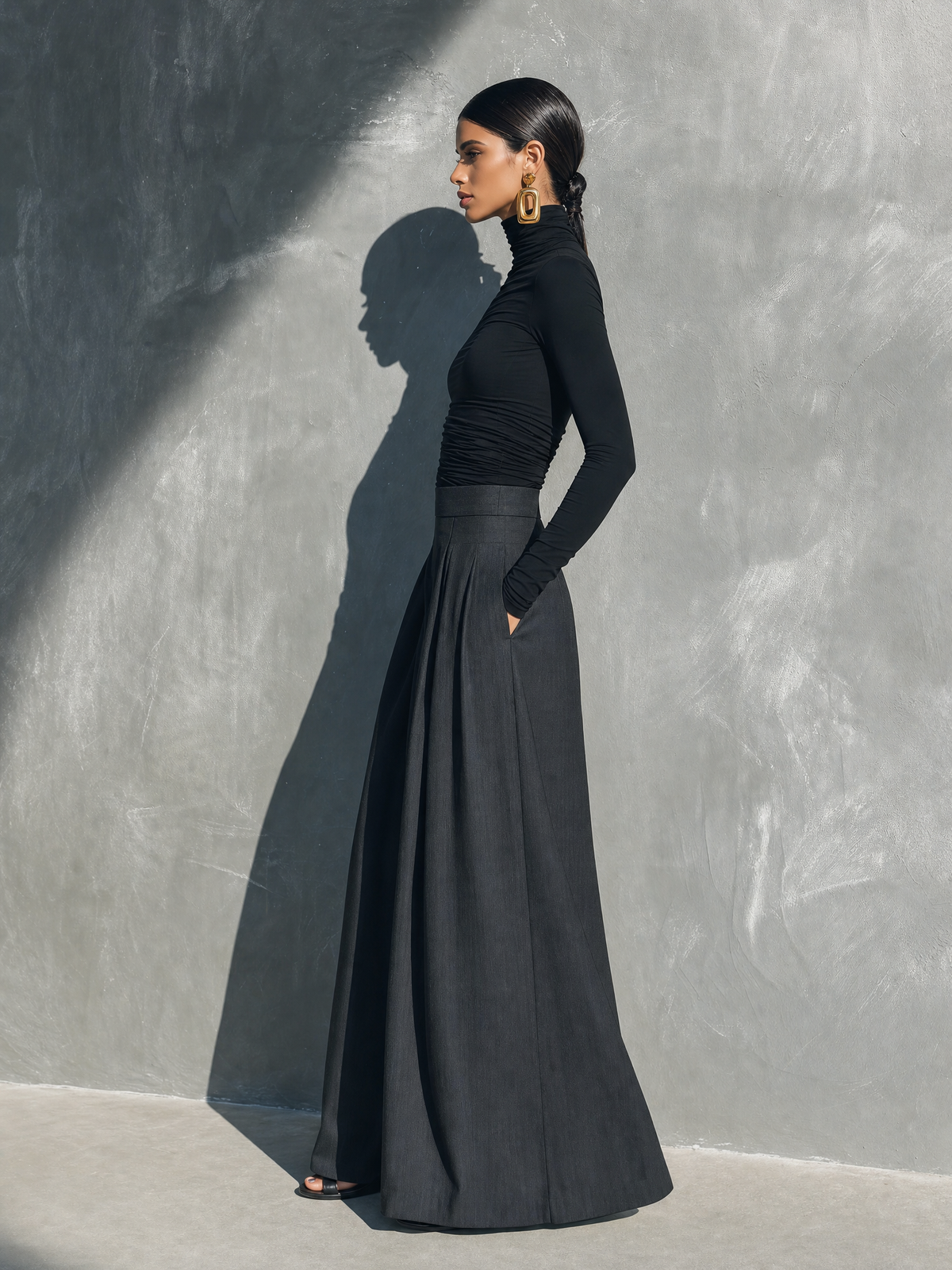 Lässiges 2-teiliges Damen-Set mit schwarzem Stretch-Strick-Langarmoberteil und dunkelgrauer gewebter Hose mit weitem Bein
