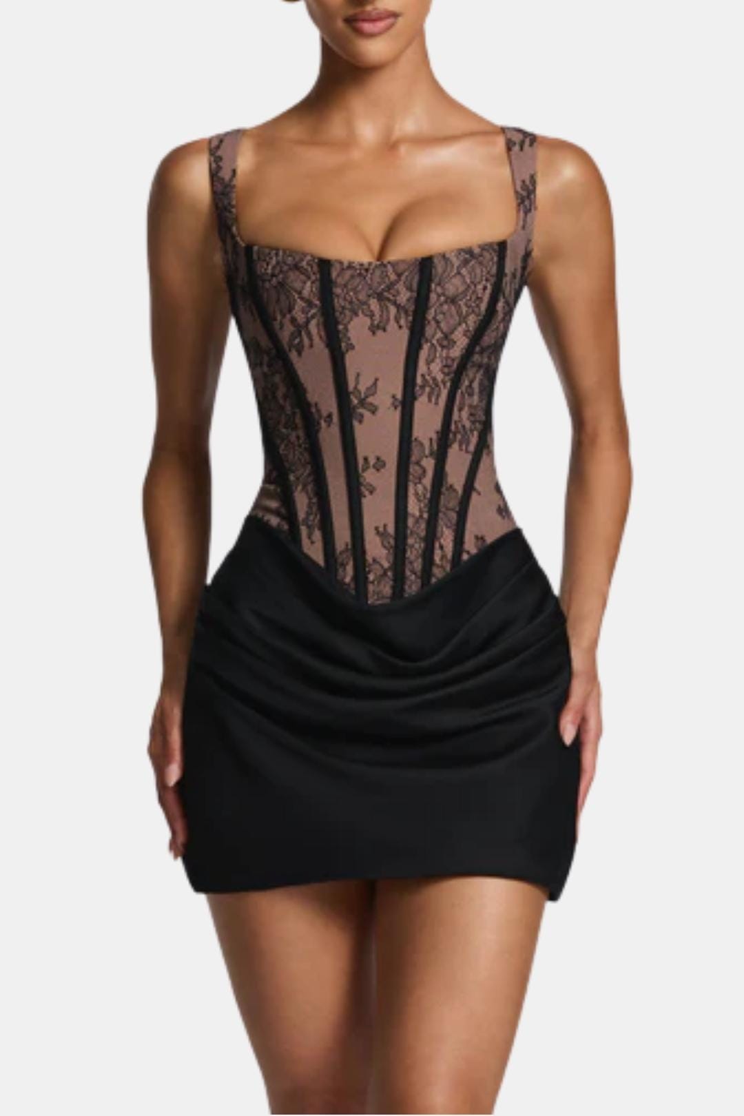 Mini-Kleid mit versteiftem Mieder, quadratischem Ausschnitt, drapiertem Rock und Schnürung am Rücken