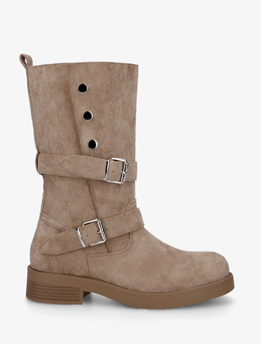 Stiefeletten aus Velourslederimitat mit Blockabsatz und Schnallen