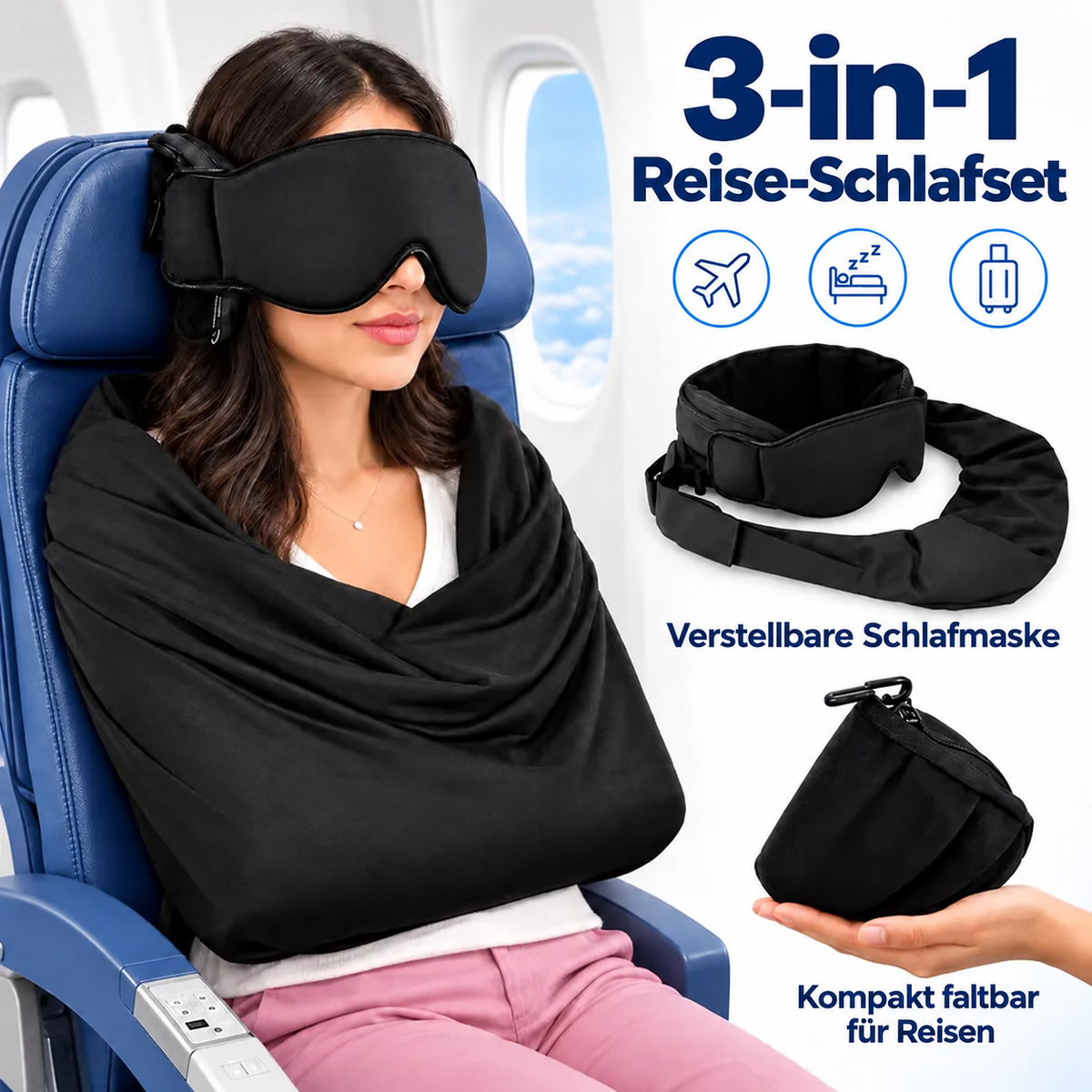 Camp Basel | 3-in-1 Flugzeug-Schlafstützsystem - Handgepäck-freundliches Reisebettwäsche-Zubehör-Set