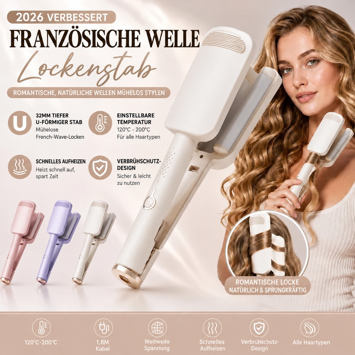 Camp Basel | 32MM Welleneisen – Große, voluminöse Locken, 4 einstellbare Heizstufen & Negativ-Ionen-Pflege – Salon-Qualität für zu Hause