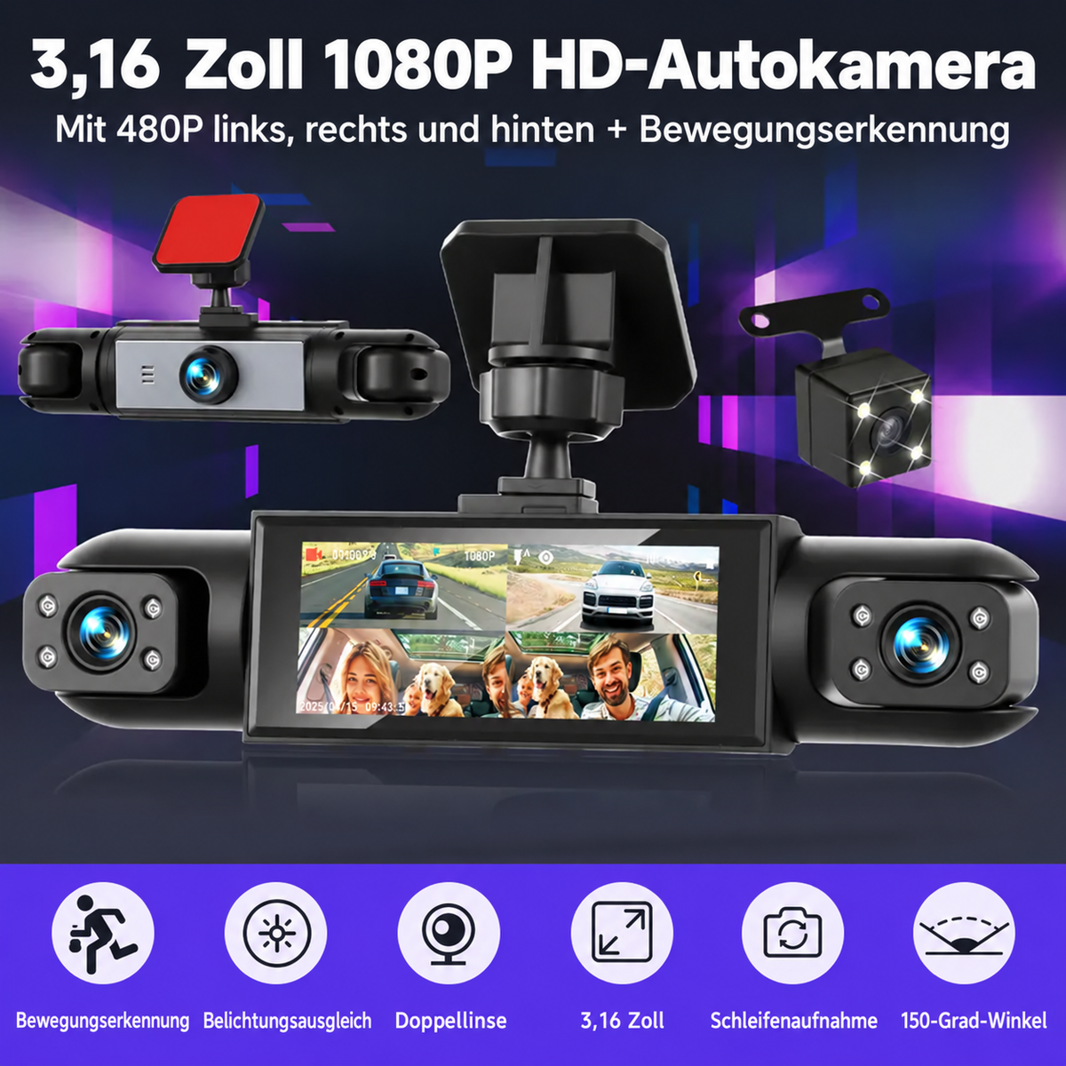 Camp Basel | 4-Kanal Auto-Dashcam mit 360° Rundumabdeckung