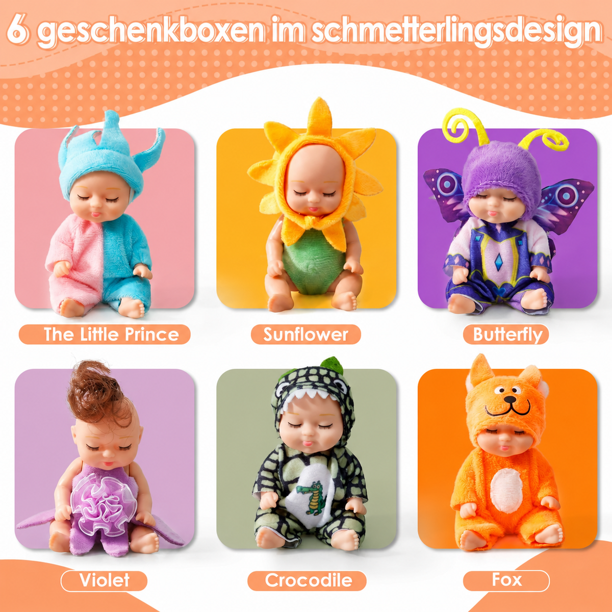 Camp Basel | 6-teiliges Mini-Babypuppen-Set mit Schmetterlings- und Blumen-Outfits, 10 cm