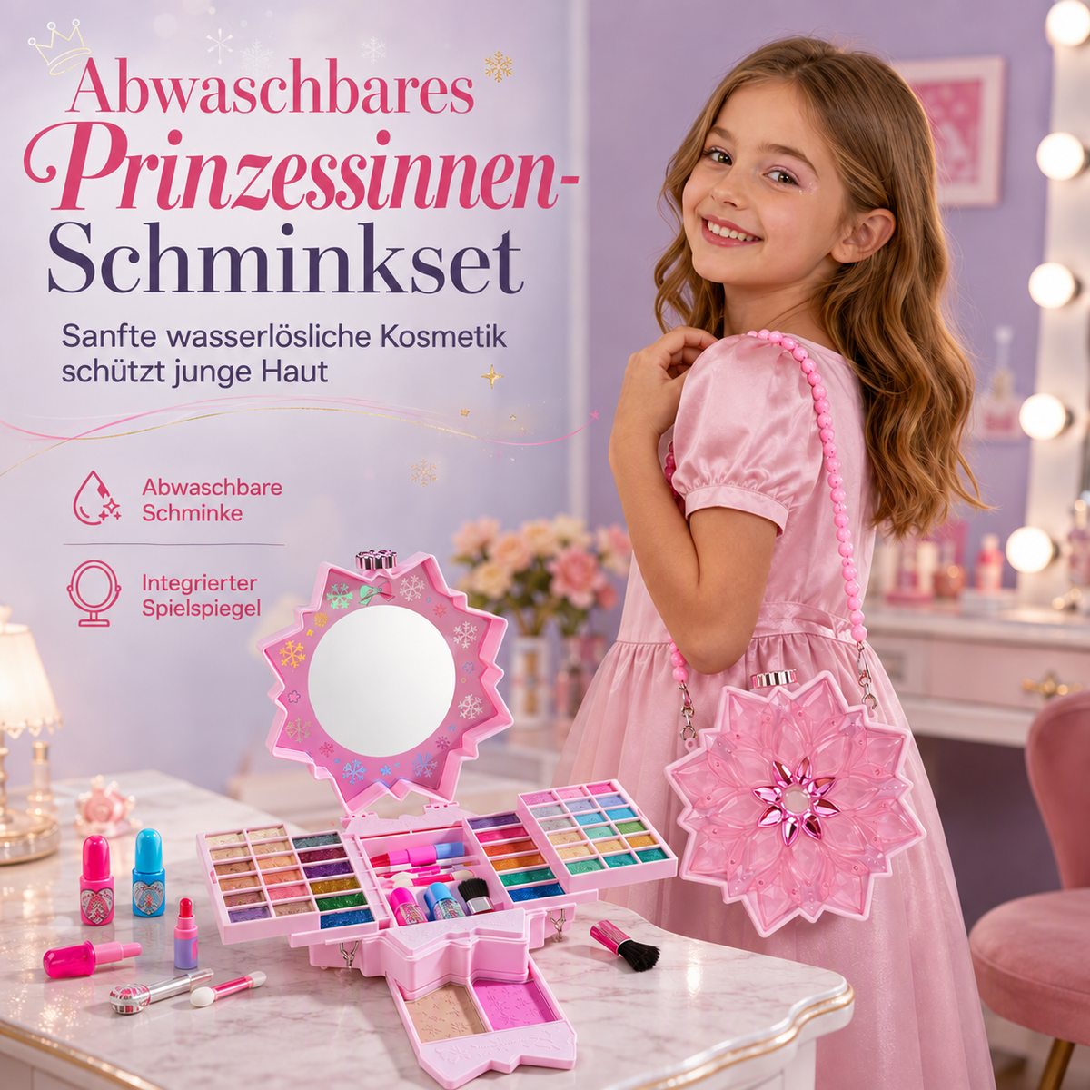 Camp Basel | Abwaschbares Prinzessinnen-Makeup-Set – hautfreundlich, Ablagen & tragbare Tasche