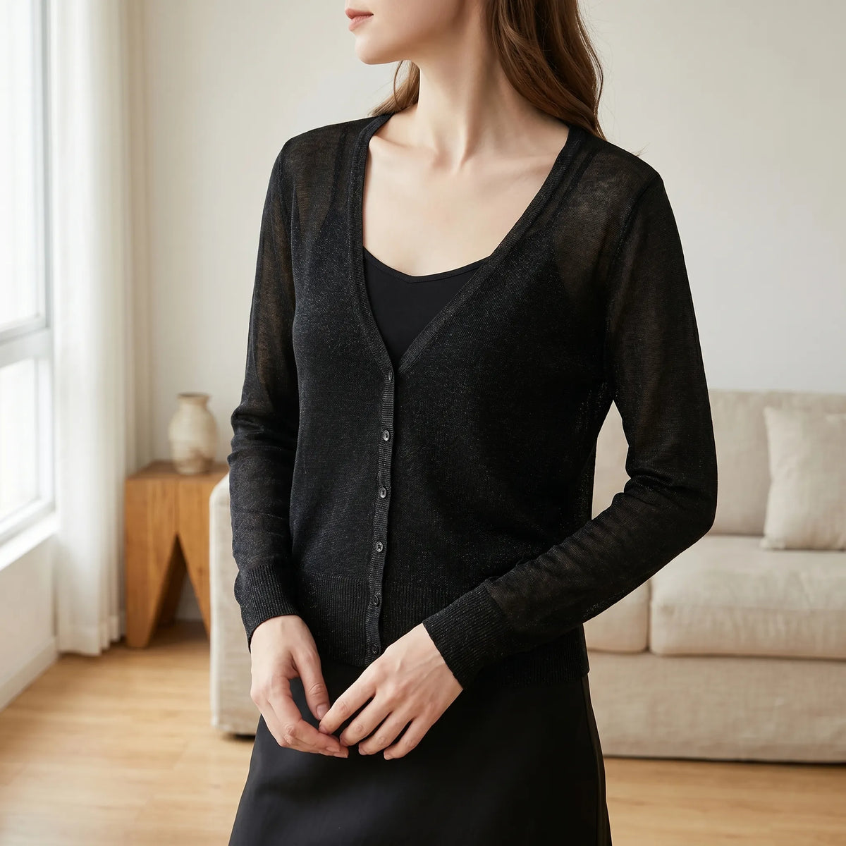 Verkürzter Cardigan halbdurchsichtig V-Ausschnitt Damen Sommer