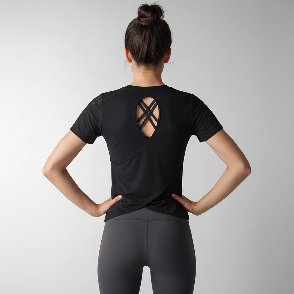 Kurzarm-Fitness-Top atmungsaktiv mit Rückenausschnitt für Yoga