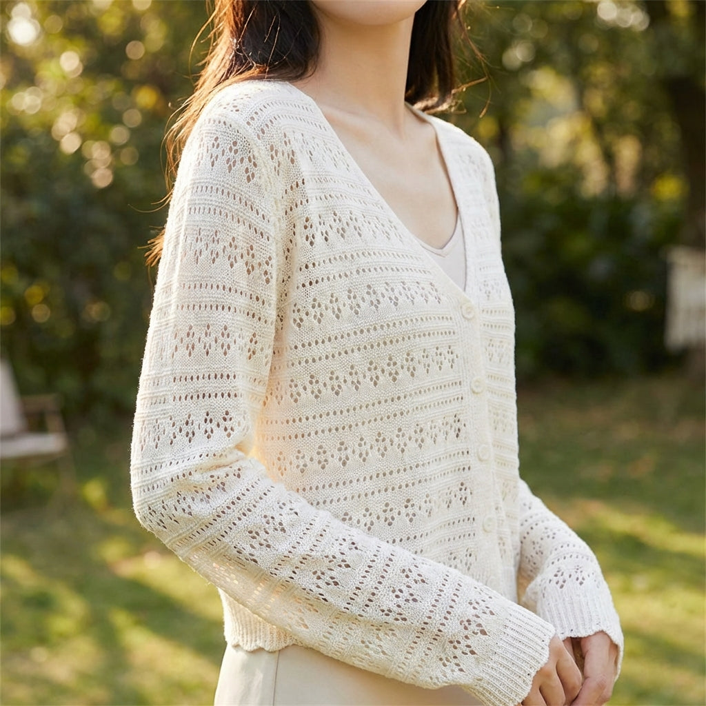 Strickjacke mit Lochmuster V-Ausschnitt verkürzt Langarm