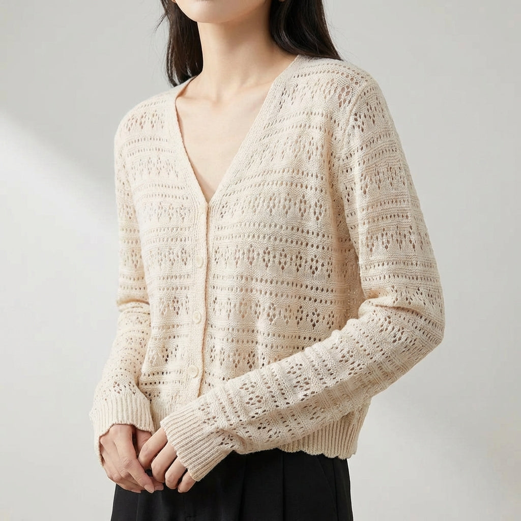 Strickjacke mit Lochmuster V-Ausschnitt verkürzt Langarm