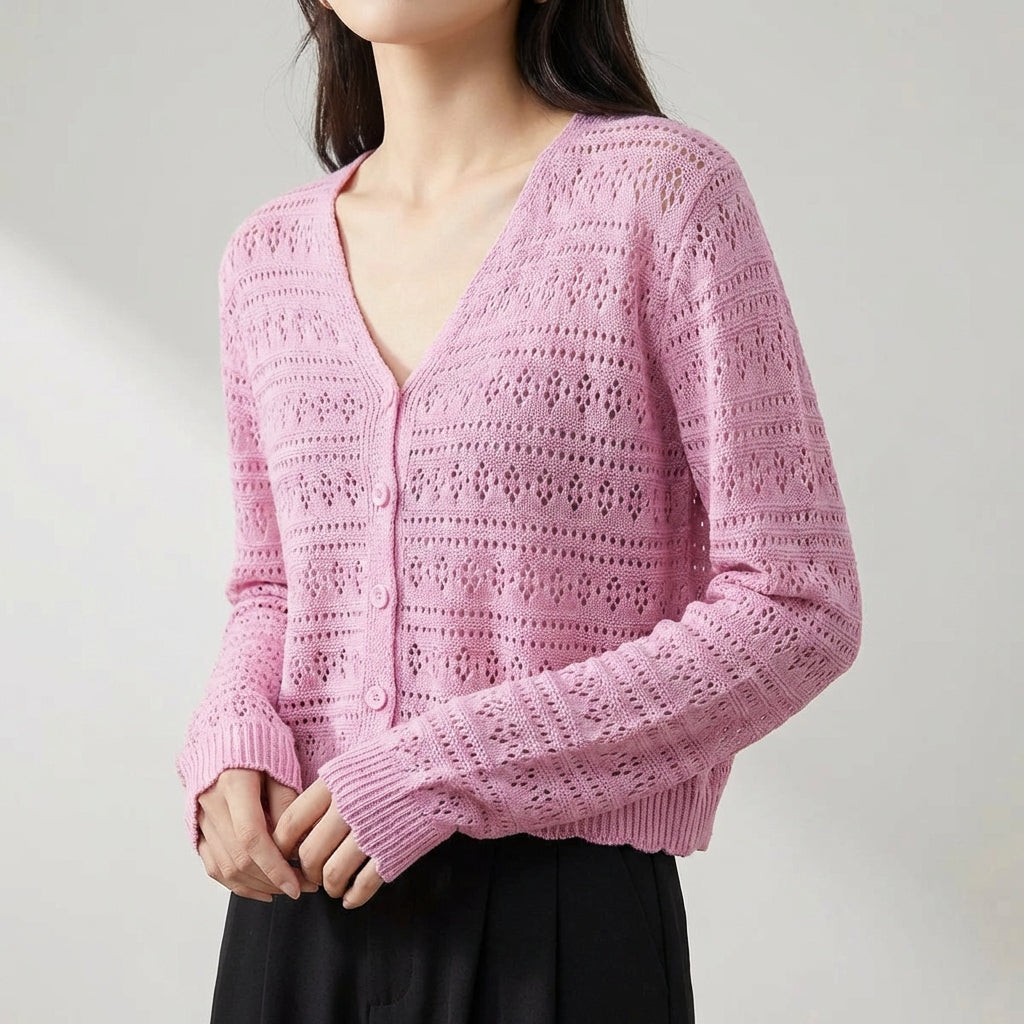 Strickjacke mit Lochmuster V-Ausschnitt verkürzt Langarm