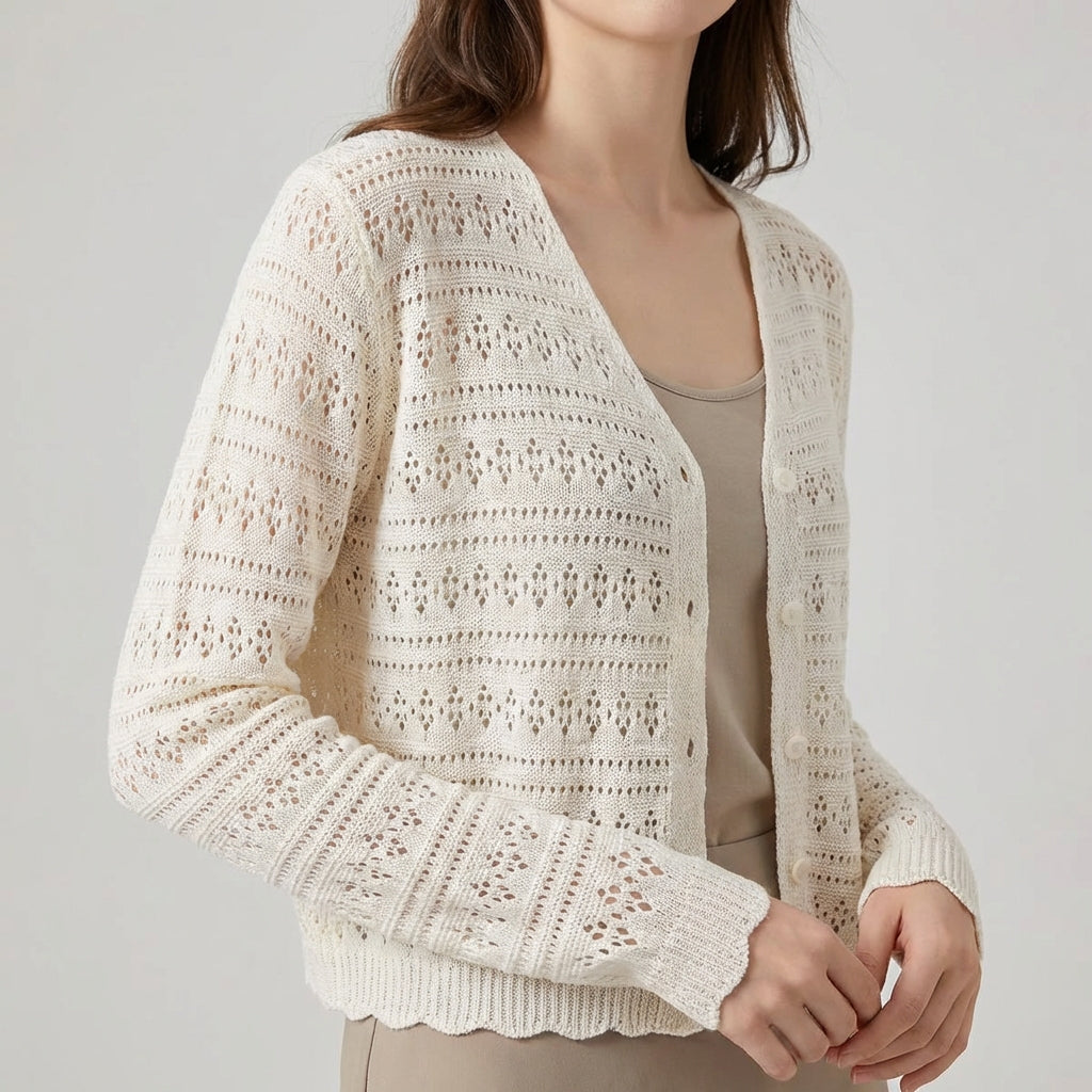 Strickjacke mit Lochmuster V-Ausschnitt verkürzt Langarm