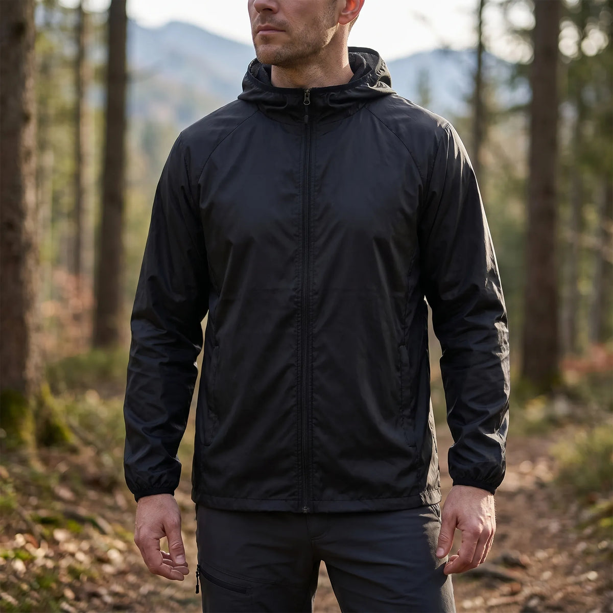 Packbare Windbreaker-Jacke wasserabweisend atmungsaktiv mit Kapuze
