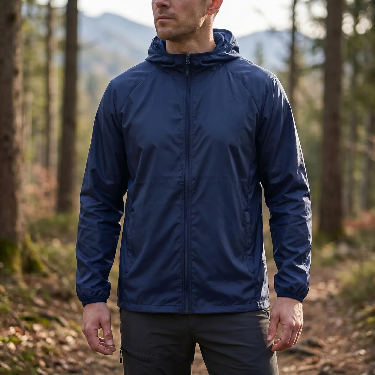 Packbare Windbreaker-Jacke wasserabweisend atmungsaktiv mit Kapuze