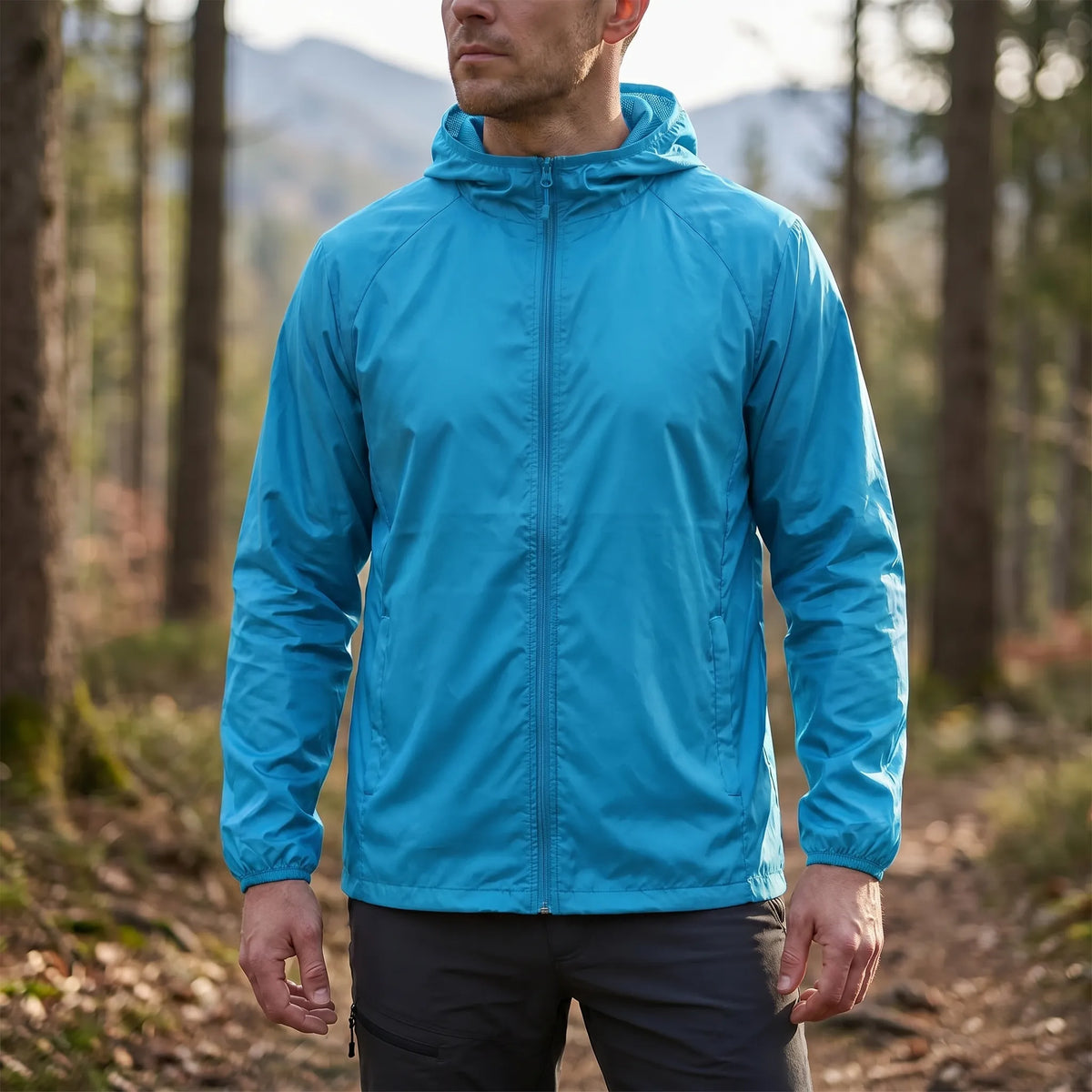 Packbare Windbreaker-Jacke wasserabweisend atmungsaktiv mit Kapuze