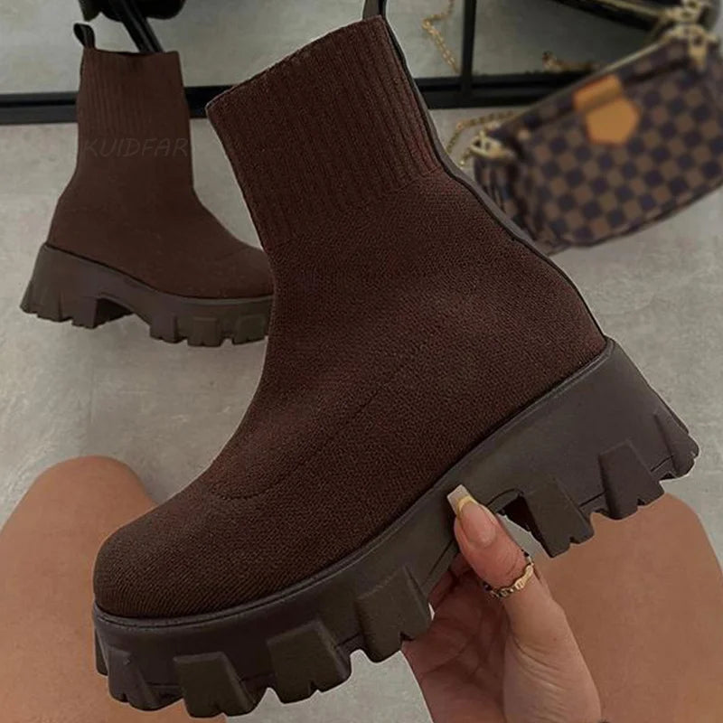 Damen-Knöchelstiefel Plattform Slip-On elastischer Schaft rutschfest