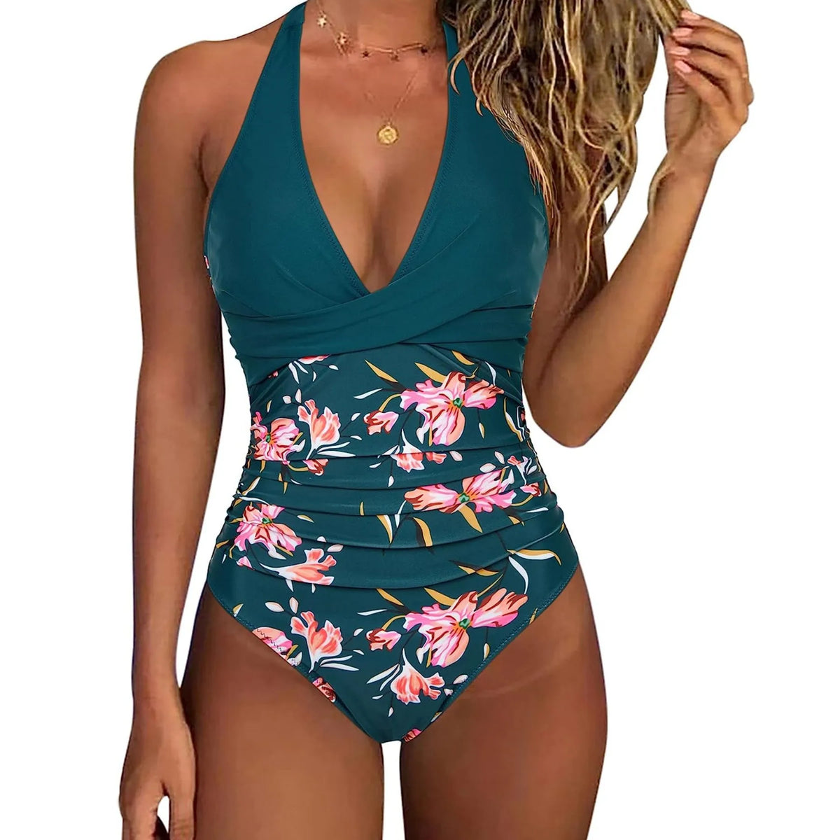 Einteiler-Badeanzug mit Neckholder und plissiertem Bauch