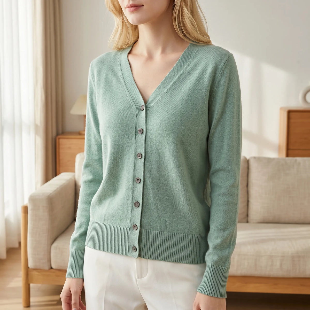 Damen-Strickjacke V-Ausschnitt feines Strickgeflecht gerippte Manschetten