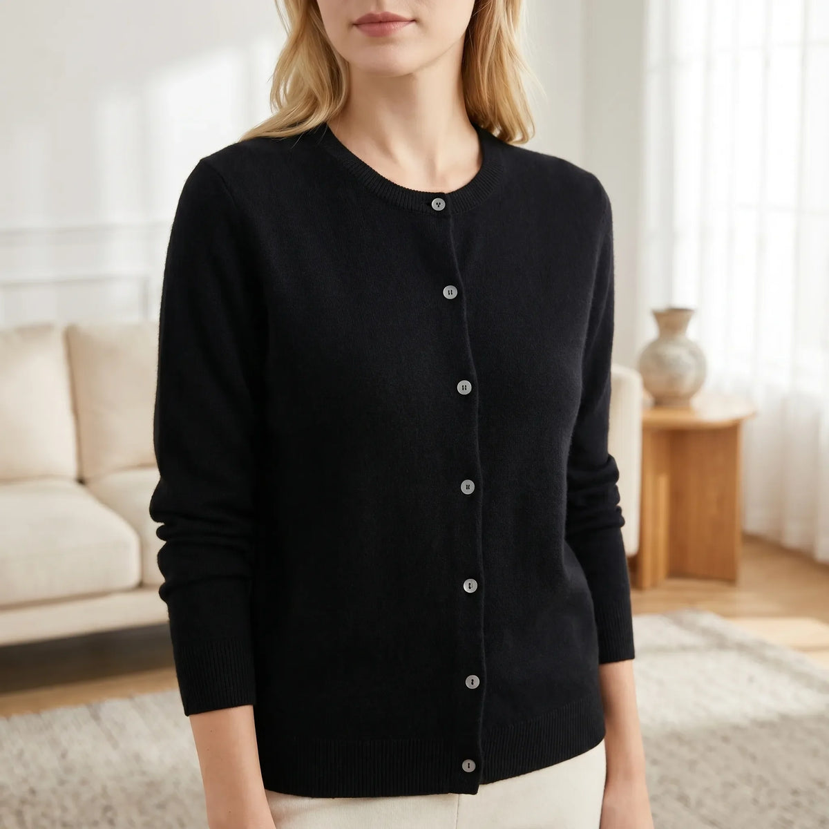 Damen-Strickjacke mit Knopfleiste Rundhals Kaschmirmix Herbst