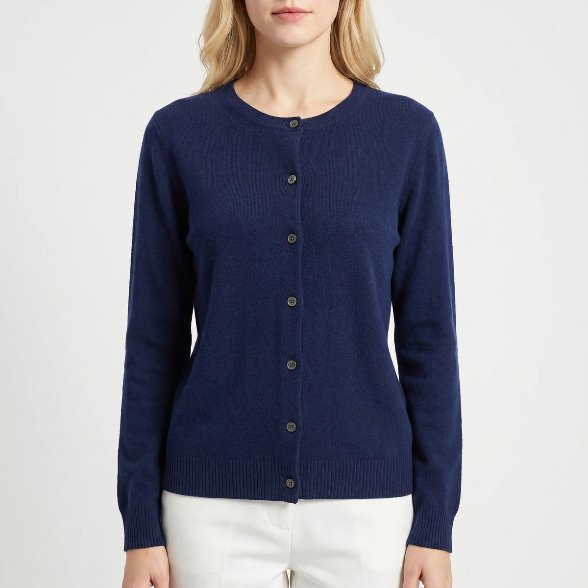 Damen-Strickjacke mit Knopfleiste Rundhals Kaschmirmix Herbst