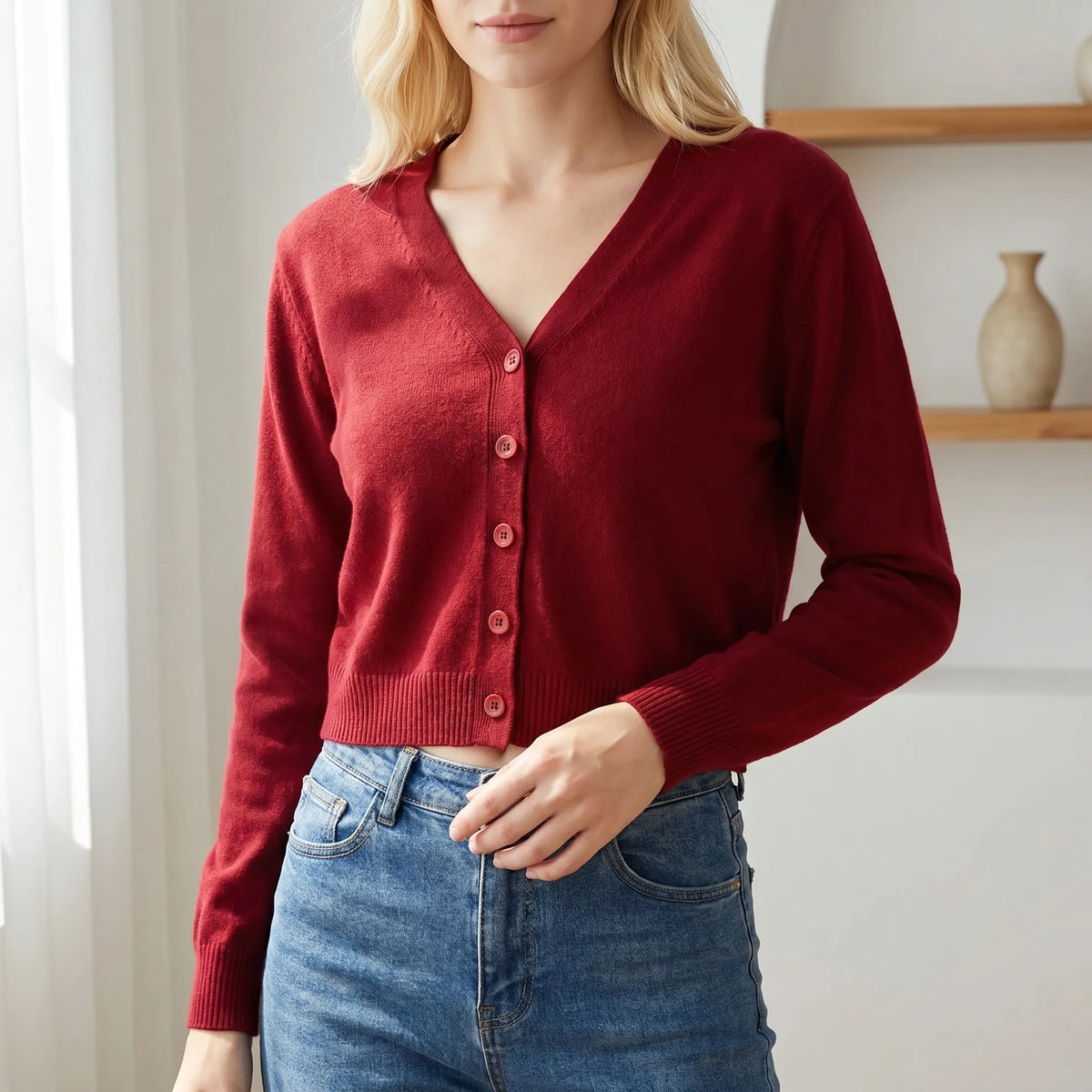 Kurzes Damen-Cardigan V-Ausschnitt Strick mit gerippten Manschetten