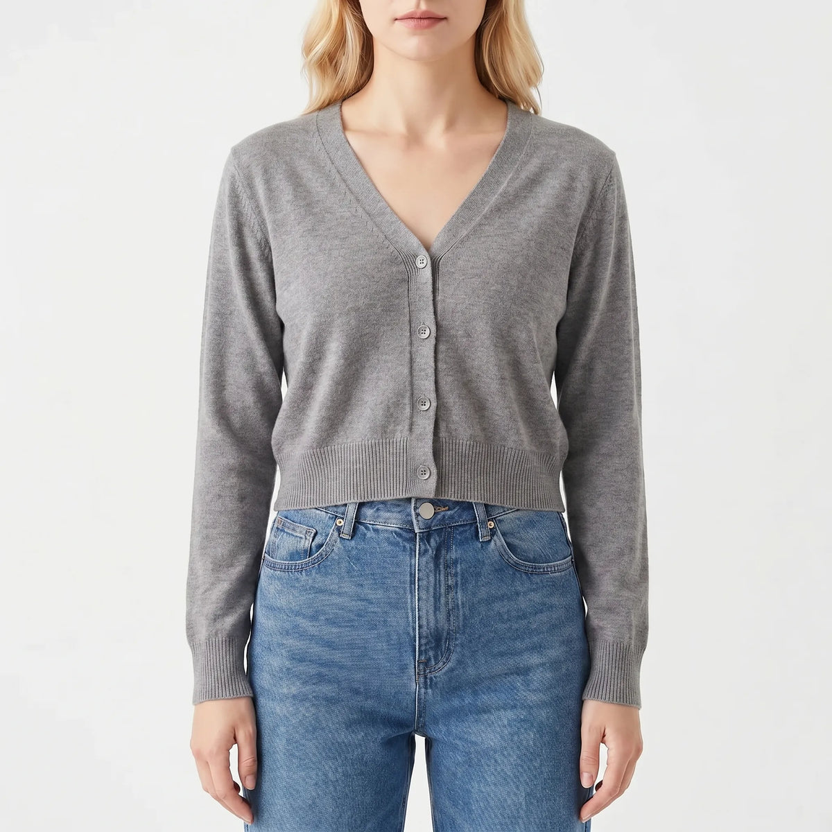 Kurzes Damen-Cardigan V-Ausschnitt Strick mit gerippten Manschetten