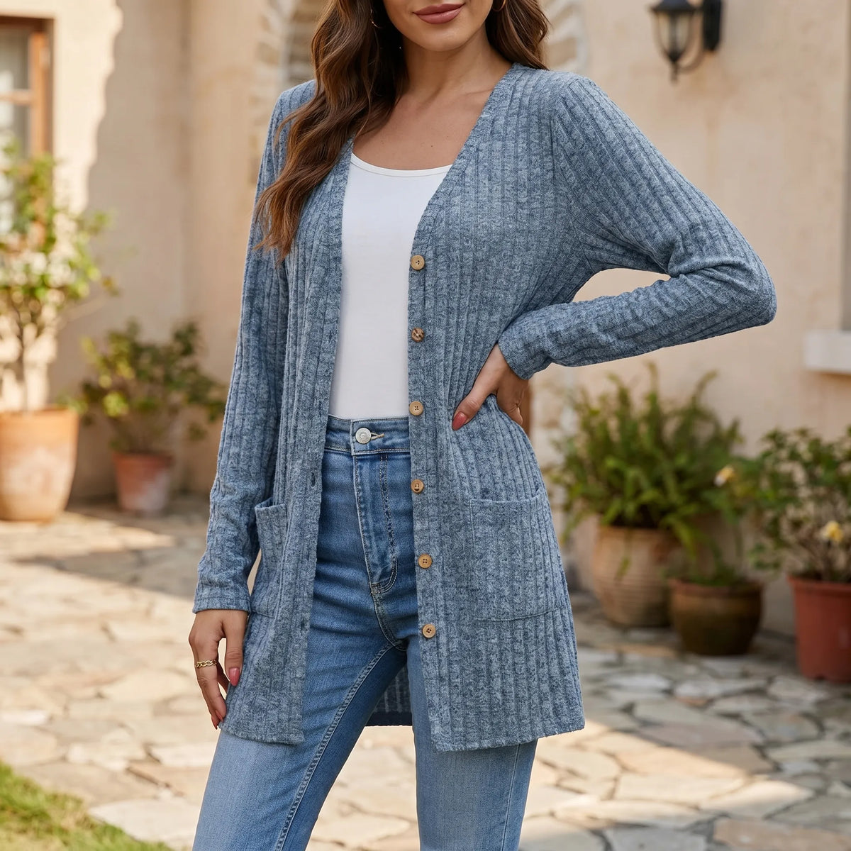 Longline Cardigan mit geripptem Stoff, V-Ausschnitt und Patchttaschen