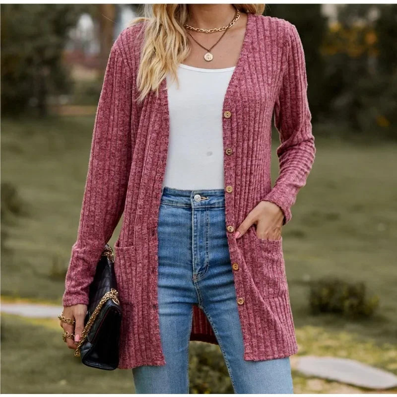 Longline Cardigan mit geripptem Stoff, V-Ausschnitt und Patchttaschen