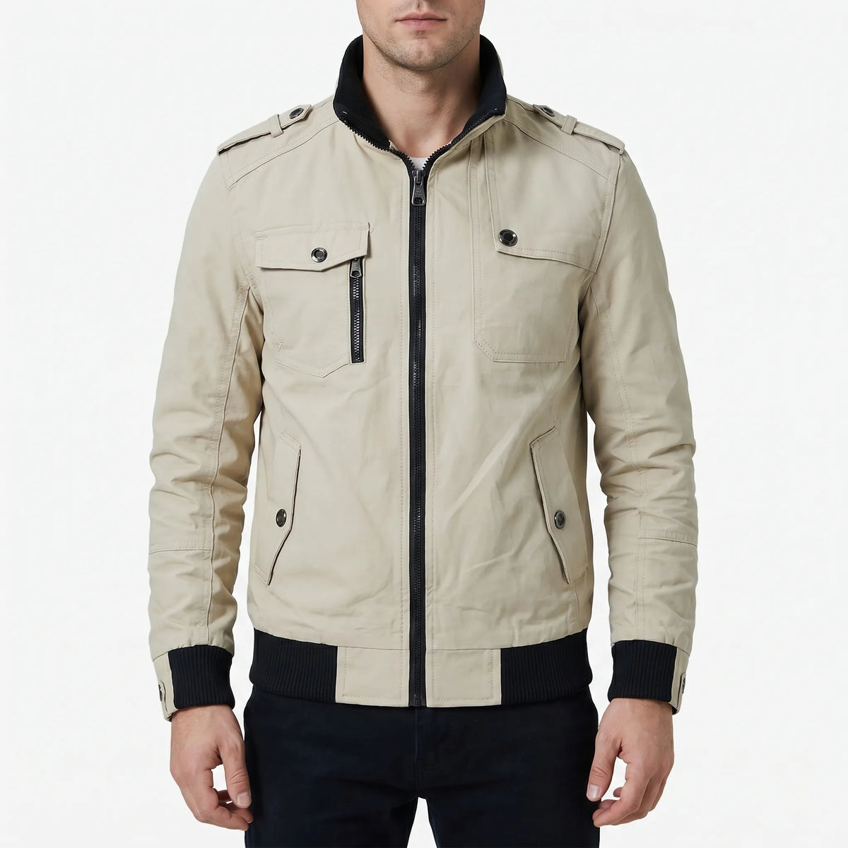 Herren-Bomberjacke Slim Fit mit Stehkragen und gerippten Bündchen