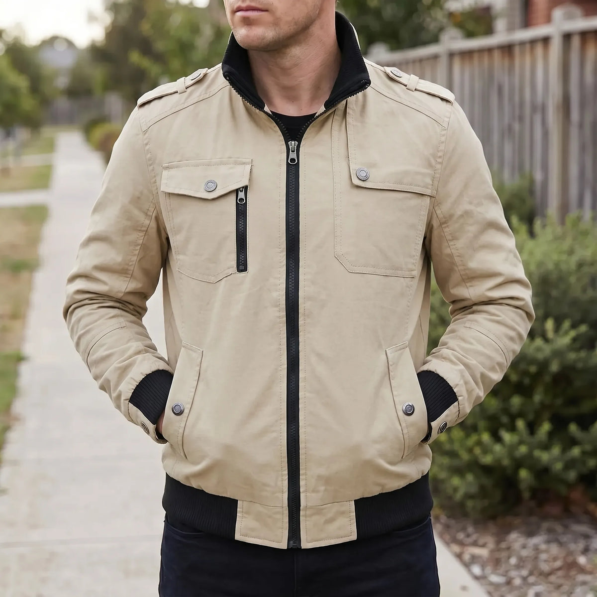 Herren-Bomberjacke Slim Fit mit Stehkragen und gerippten Bündchen