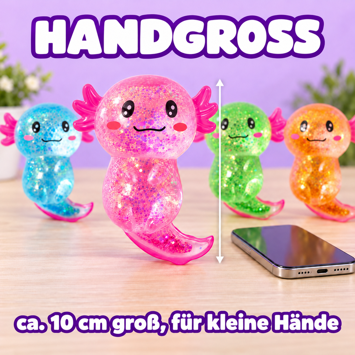 Camp Basel | Axolotl Squishy 4er-Pack, langsam aufgehende Glitzer-Stressspielzeuge